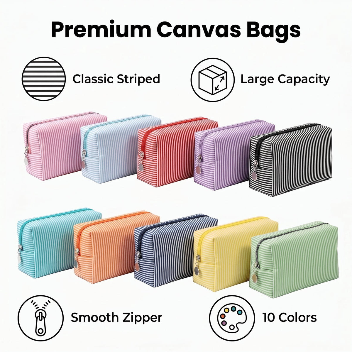 10 Pcs Striped Women Cosmetic Bags, Portable Large Travel Toiletry Organizer Pouches For Daily & Bridal Party Gifts
